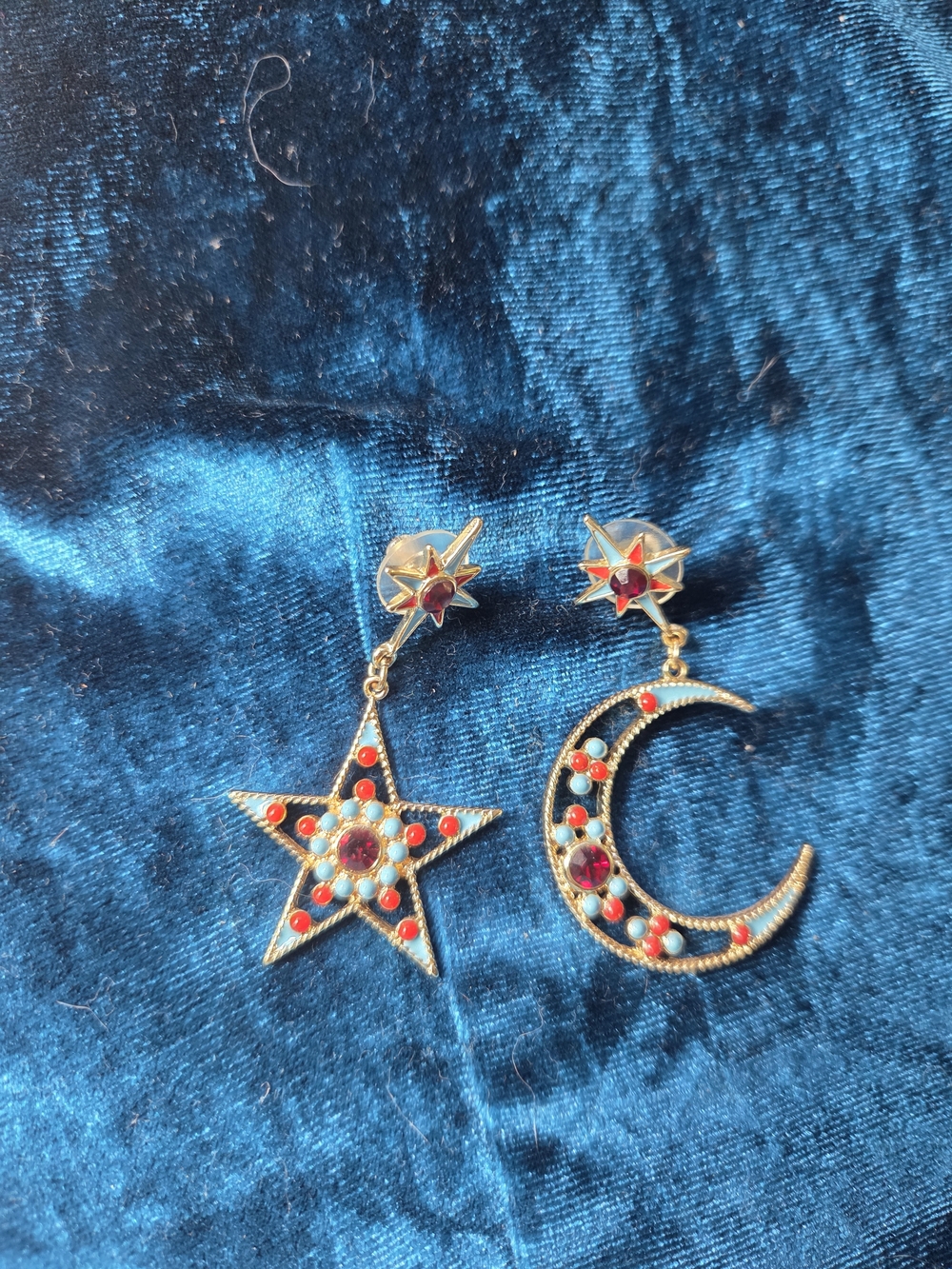Gold Star and Crescent Moon Drop Earrings with Red and Turquoise Accents